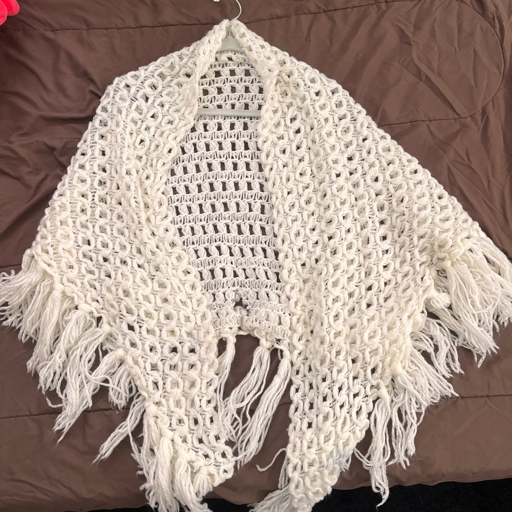 Cream Crochet Fringe Shawl
